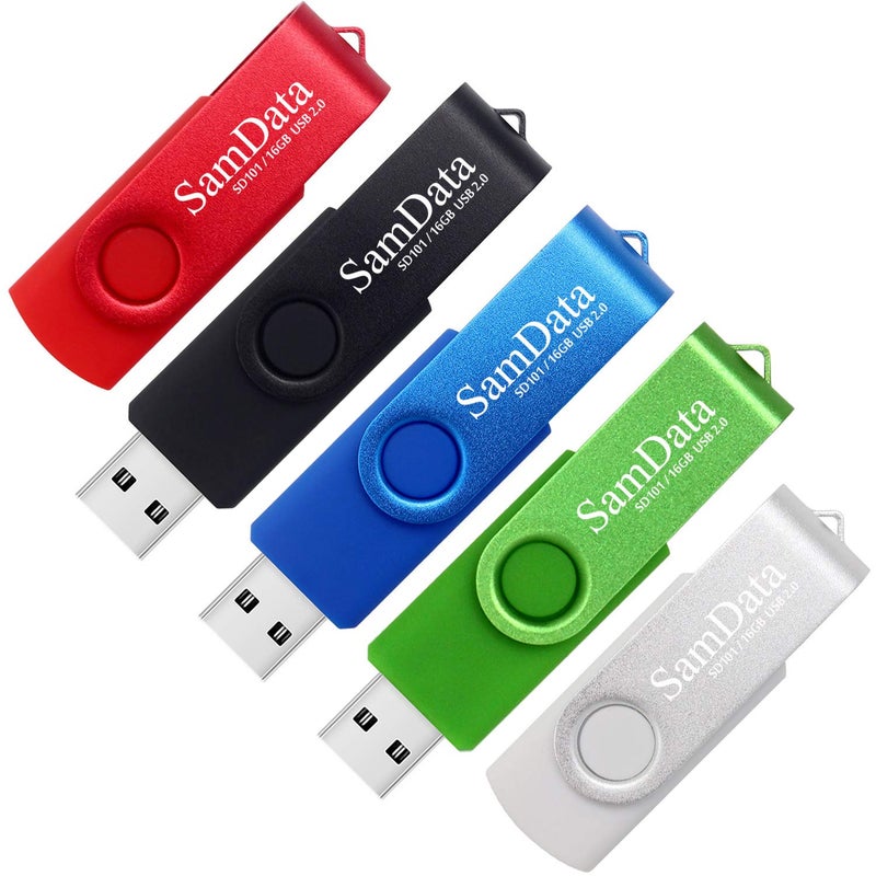 SamData 16GB USB Flash Drives 5 Pack 16GB Thumb Drives Memory Stick Jump Drive with LED Light for Storage and Backup (5 Colors: Black Blue Green Red Silver) - Image 1